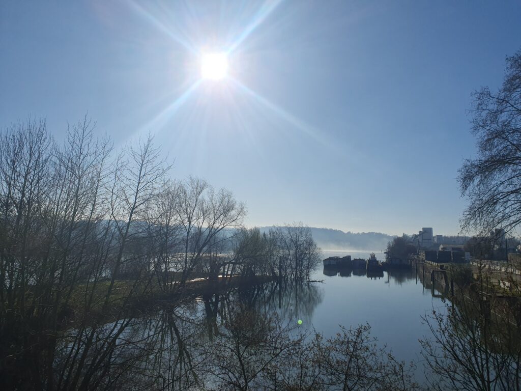 view of the Saône behind the sunny blue spotless sky. outskirt of land at left, with a few thin trees, quay at right with 2 or 3 river boats