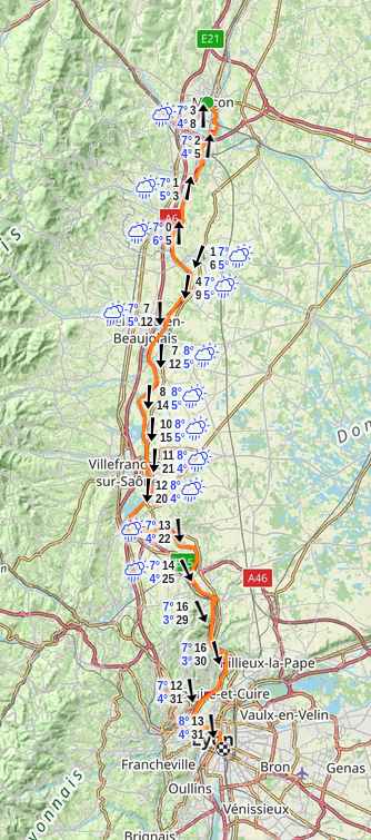itinerary over map, from Mâcon soushbound to LYon, with arrow markers to show wind direction (mostly tailwind) and temperature / weather (mostly cold and rainy).