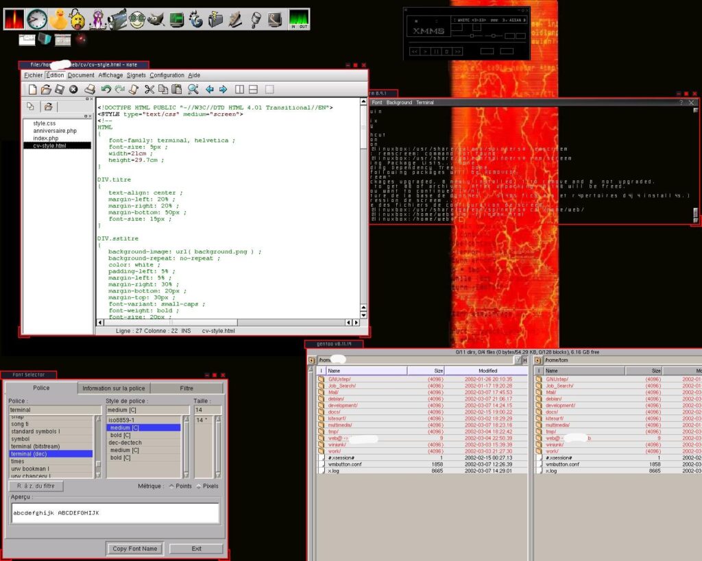 An anynymized screenshot of a Enlightenment 16 desktop environment, showing a text editor, a font selector, a dual-paned file manger and xmms music player. a toolbar with cartoon like icons is on the top left corner. the theme is mostly black and red.