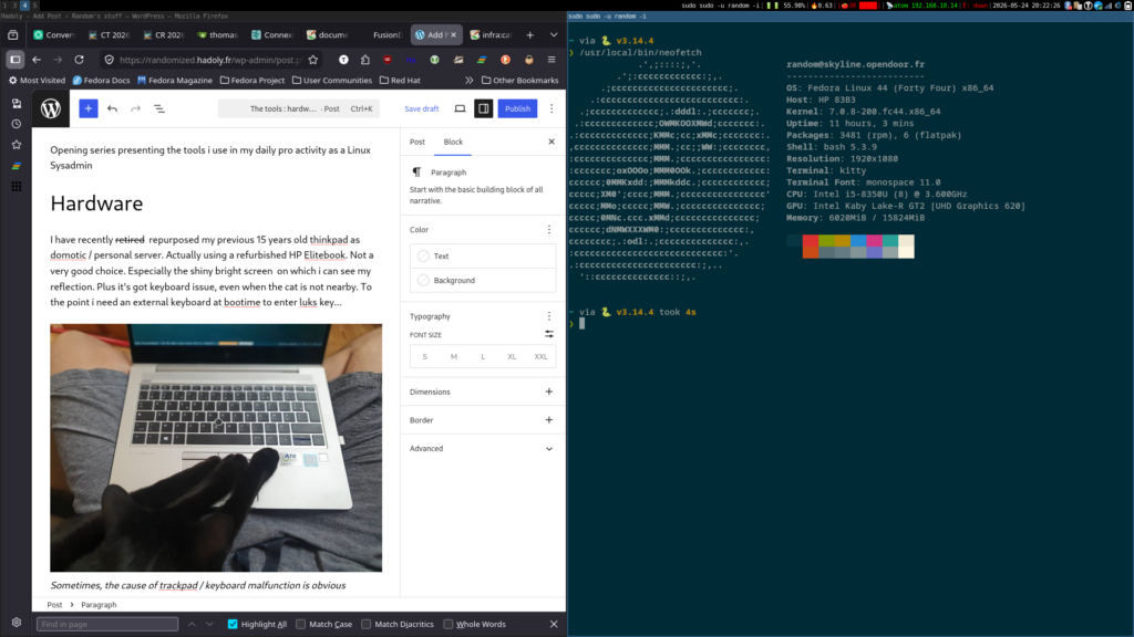 Screenshot of I3 window manager split in 2, firefox on left, displaying this blog post in edit mode, terminal on the right displaying the result of neofetch command.