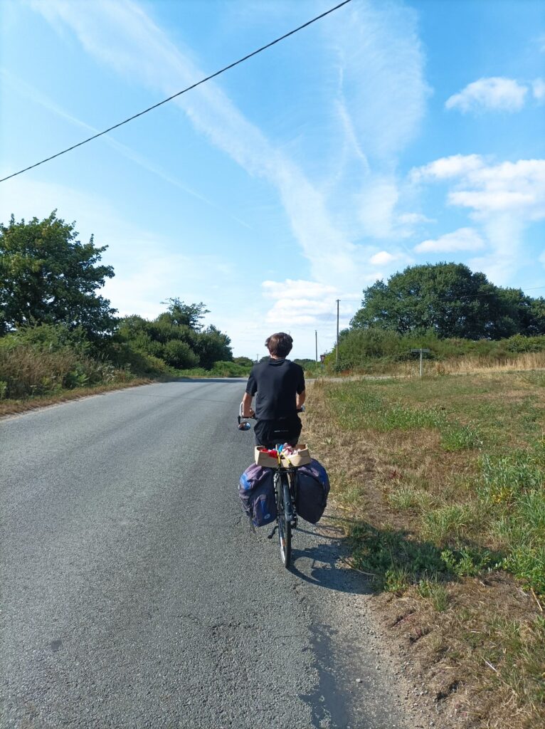 teen #2 riding in front of me. his bike is ladden with 2 saddlesbags, with a crate atop, filled with today's food.
on a road in the country side.