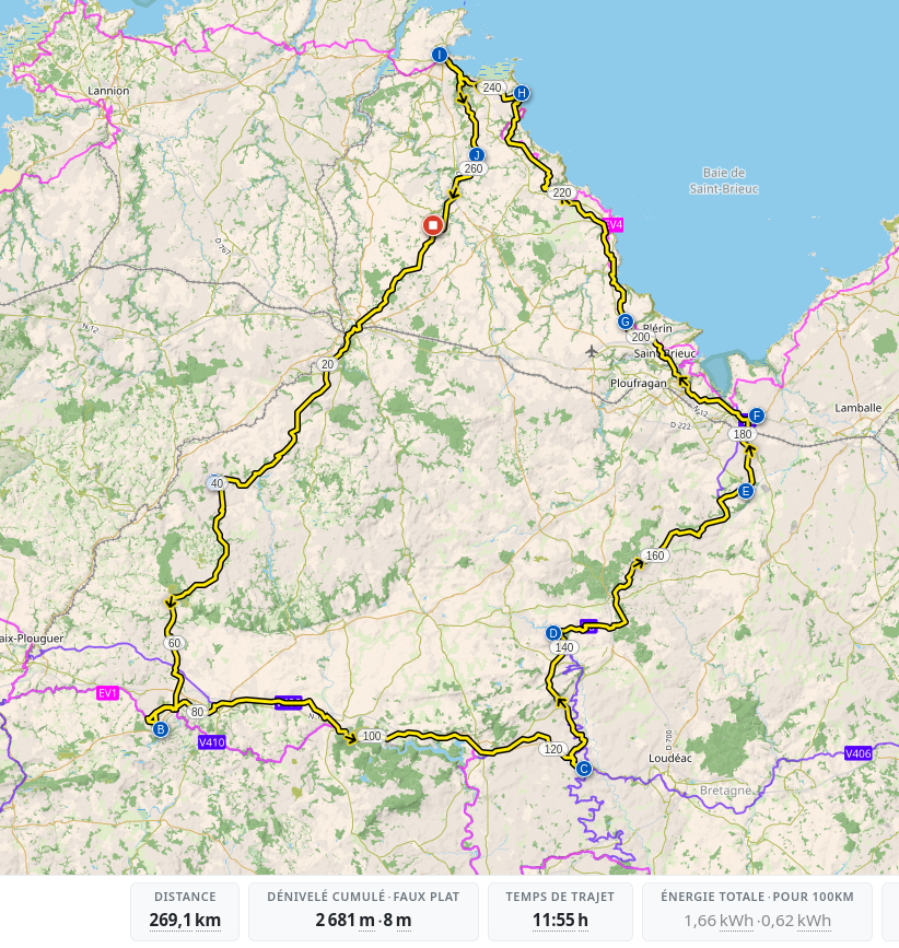 itinerary over openstreetmap map. south westward toward canal de Nantes à Brest, the eastward through mur de Bretagne, the up north to the sea, which will be loosely followed eastward toward home